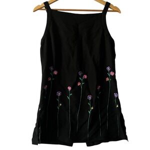 Vintage John Roberts Black Floral Embroidered Sleeveless Button Tank Top Blouse